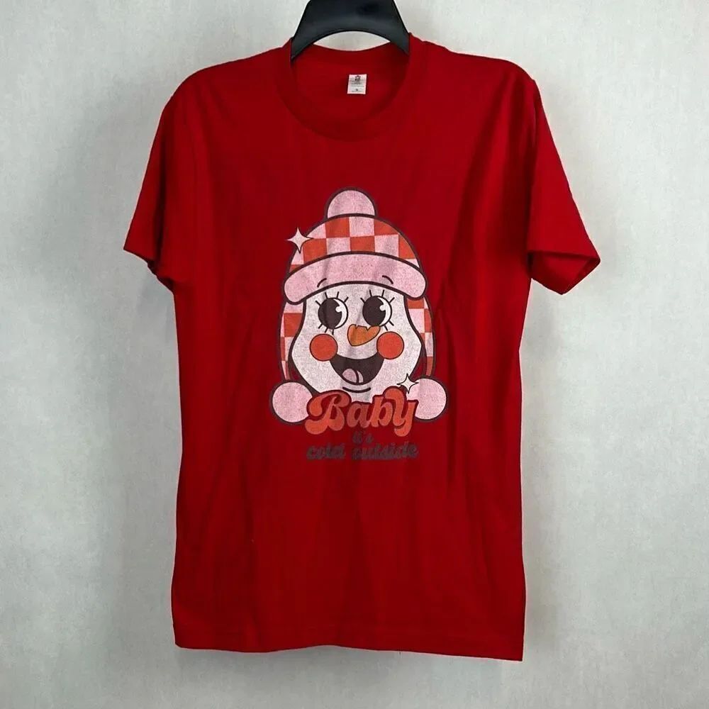 Baby It's Cold Outside Snowman Tshirt Sz Small Winter Christmas Red Short Sleeve